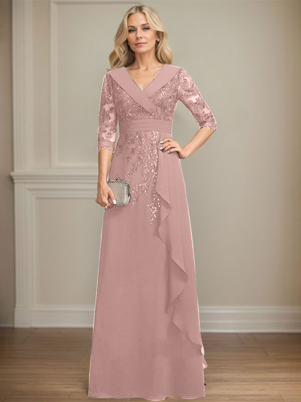 Robe de mère de la mariée en mousseline de soie à col en V, longueur au sol, ligne A, avec dentelle, paillettes et volants en cascade