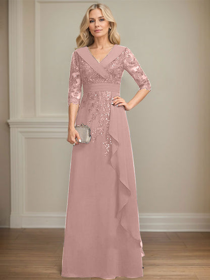 Vestido de madre de la novia de gasa con encaje, escote en V, corte A y largo hasta el suelo, con lentejuelas y volantes en cascada 