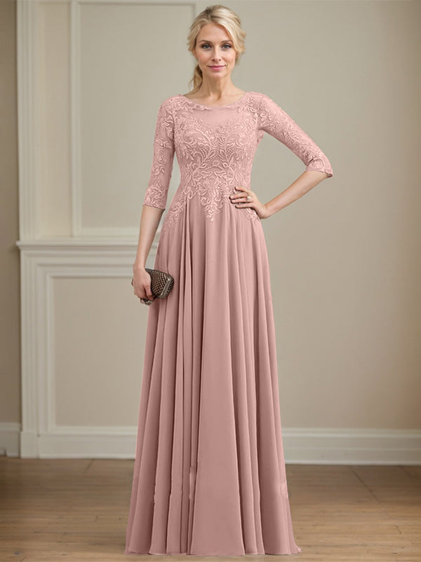 A-Linie, U-Ausschnitt, Illusion, bodenlanges Spitzen-Chiffon-Kleid für die Brautmutter mit Pailletten 