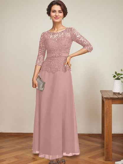 A-Linie, U-Ausschnitt, Illusion, knöchellang, Chiffon, Spitze, Kleid für die Brautmutter mit Strass-Perlen 