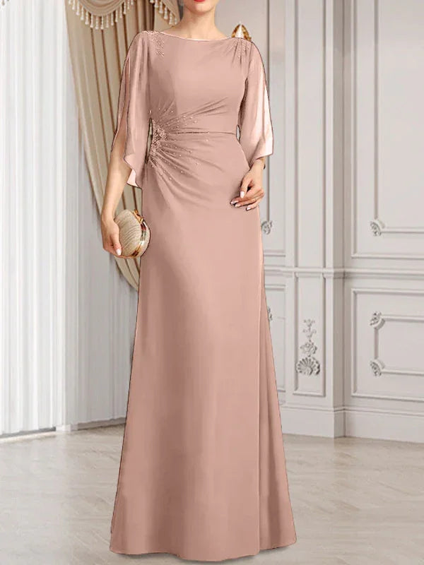 Vestido de madrina de novia de gasa largo hasta el suelo con corte columna y fajín plisado con cuentas