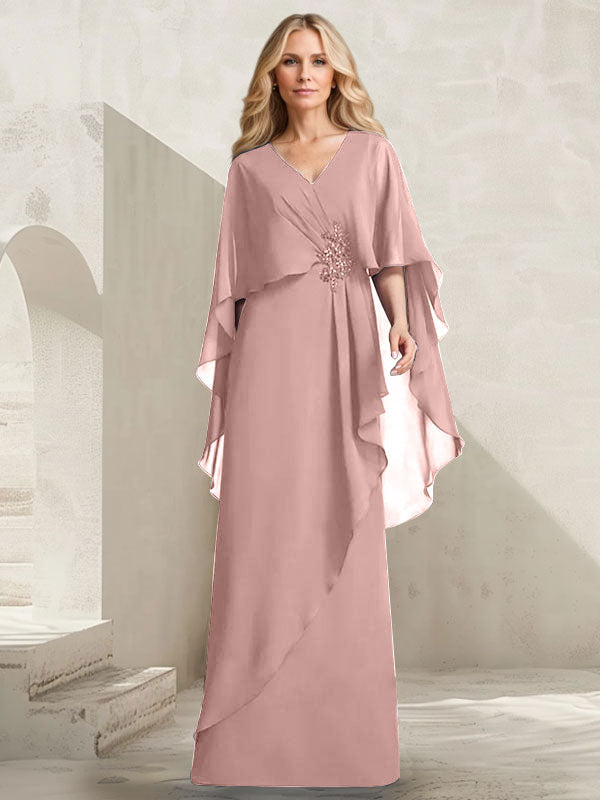 A-line V-Neck Floor-Length Chiffon Mother of the Bride Dress With Cascading Ruffles Beading