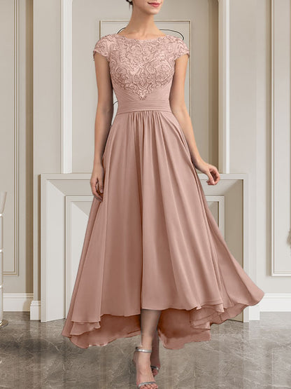 A-Linie U-Ausschnitt Bodenlang Spitzen-Chiffon-Kleid für die Brautmutter mit Pailletten