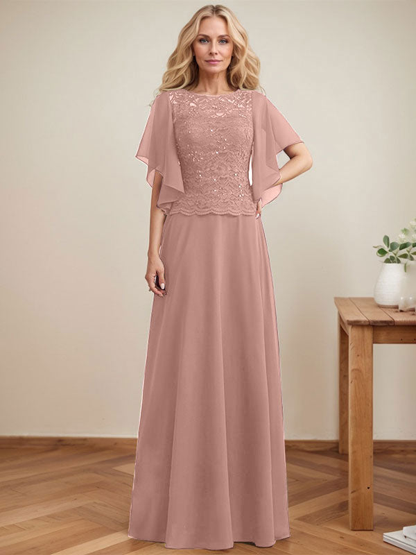 A-Linie, U-Ausschnitt, Illusion, bodenlanges Spitzen-Chiffon-Kleid für die Brautmutter mit Pailletten 