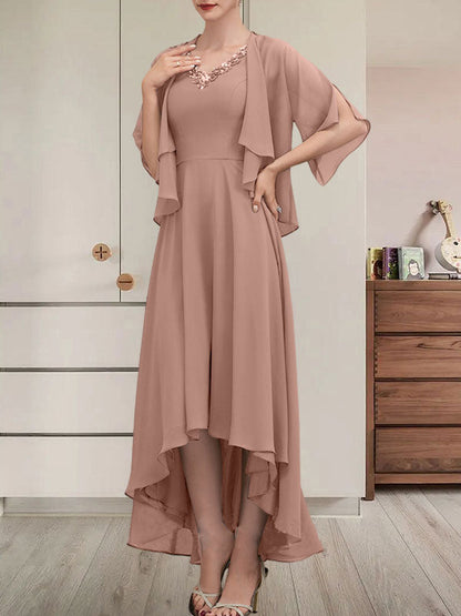 Vestido de gasa asimétrico para madre de la novia con escote en V, corte A y lentejuelas con abalorios