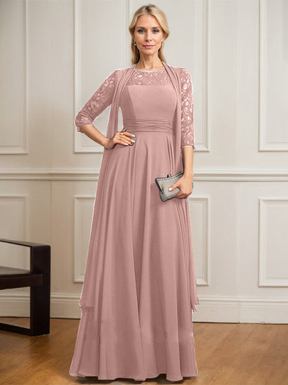 A-Linie U-Ausschnitt Illusion Bodenlang Spitze Chiffon Mutter der Braut Kleid Mit Plissee 