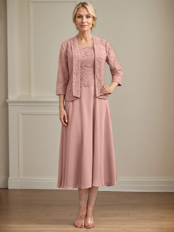 A-Linie U-Ausschnitt Wadenlang Chiffon-Kleid für die Brautmutter 