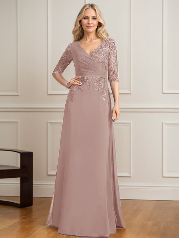 A-Linie, V-Ausschnitt, bodenlanges Spitzen-Chiffon-Kleid für die Brautmutter mit plissierten Pailletten 