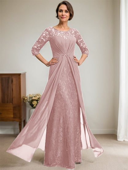 A-Linie U-Ausschnitt Illusion Bodenlang Spitzen Chiffon Mutter der Braut Kleid mit Perlenbesatz Rüschen 