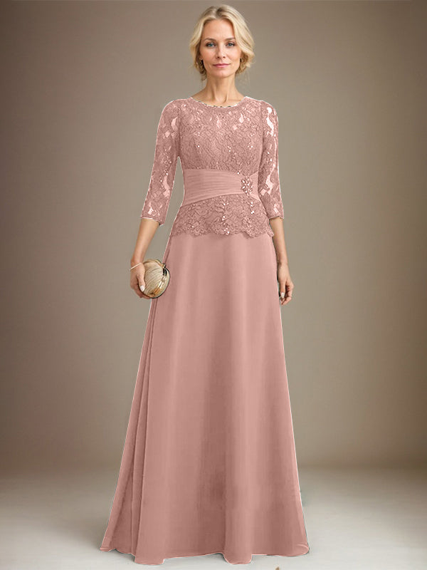 A-line Scoop Illusion Floor-Length Chiffon Lace Mother of the Bride Dress With Pleated Sequins Beading