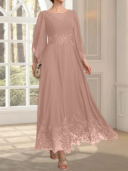 A-Linie, U-Ausschnitt, Illusion, knöchellang, Spitzen-Chiffon, Kleid für die Brautmutter mit Pailletten 