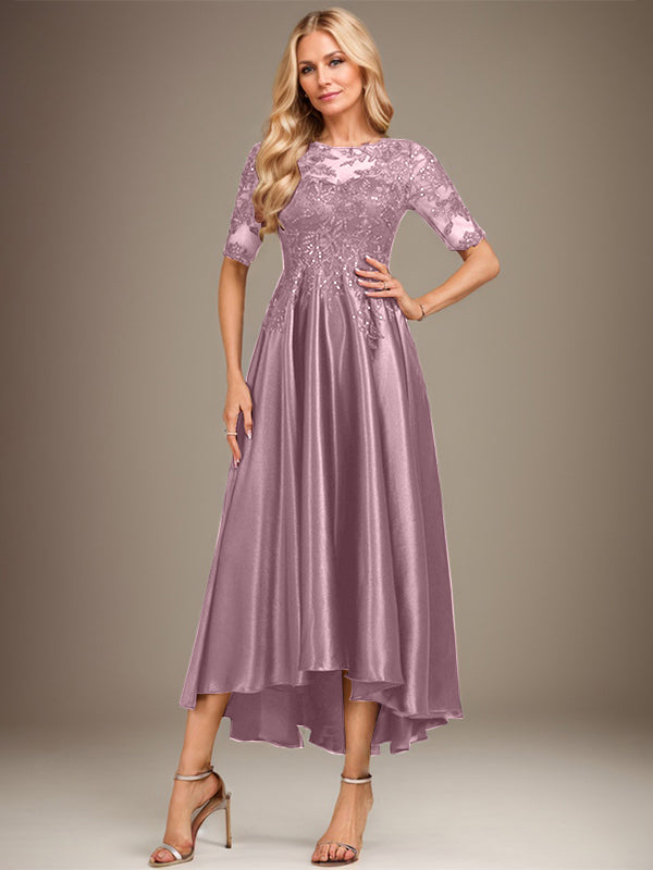 A-Linie, U-Ausschnitt, Illusion, asymmetrisch, Stretch-Satin, Spitze, Kleid für die Brautmutter mit Pailletten 