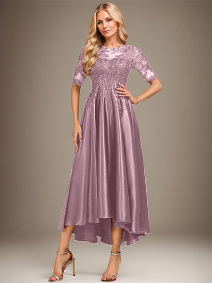 A-Linie, U-Ausschnitt, Illusion, asymmetrisch, Stretch-Satin, Spitze, Kleid für die Brautmutter mit Pailletten 