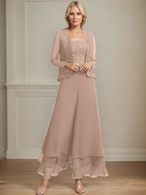 جمبسوت/بدلة منفصلة بطول الكاحل مربعة من الشيفون بالدانتيل فستان أم العروس مزين بالترتر
