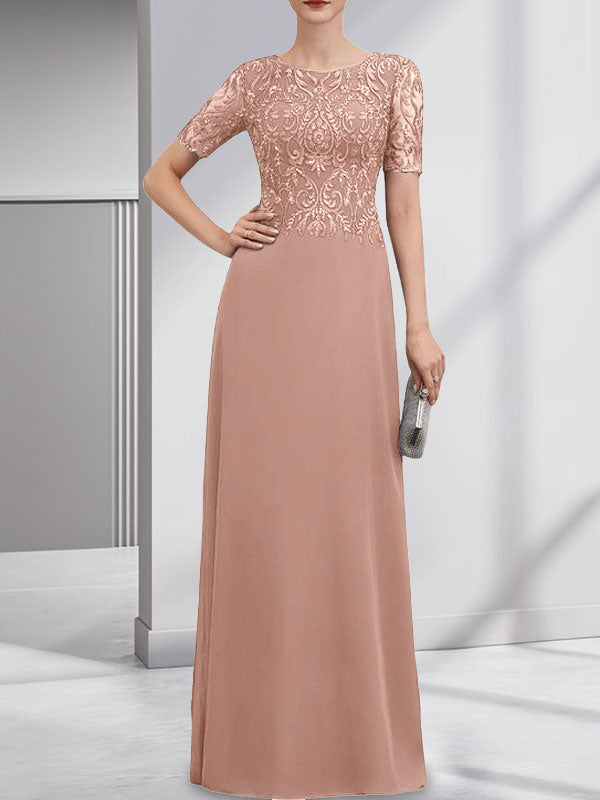 Robe de mère de la mariée en dentelle et mousseline, longueur au sol, en ligne A, décolleté en U, ornée de paillettes