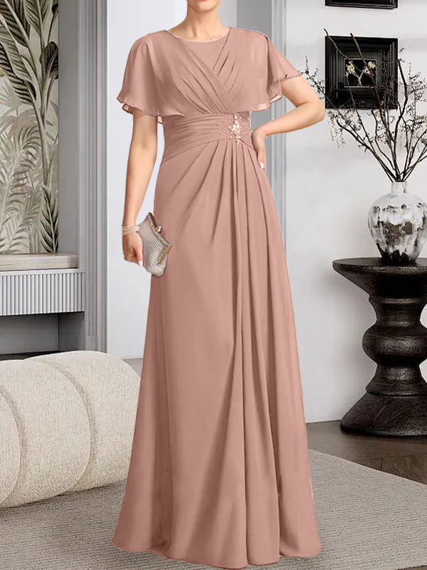 Robe de mère de la mariée en mousseline, longueur au sol, en ligne A, décolleté arrondi, ornée de perles plissées