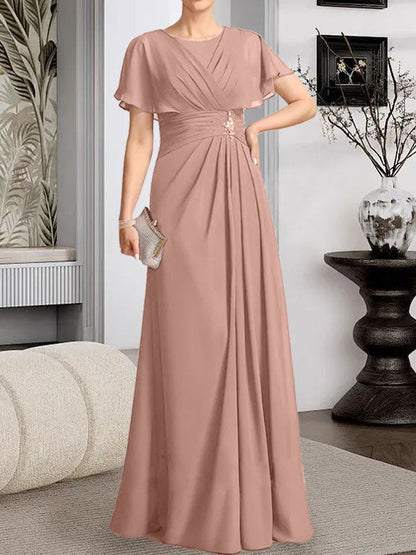 A-Linie, U-Ausschnitt, bodenlanges Chiffon-Kleid für die Brautmutter mit plissierter Perlenstickerei