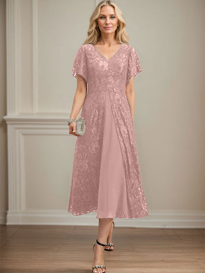 A-Linie V-Ausschnitt Wadenlanges Chiffon-Kleid für die Brautmutter 