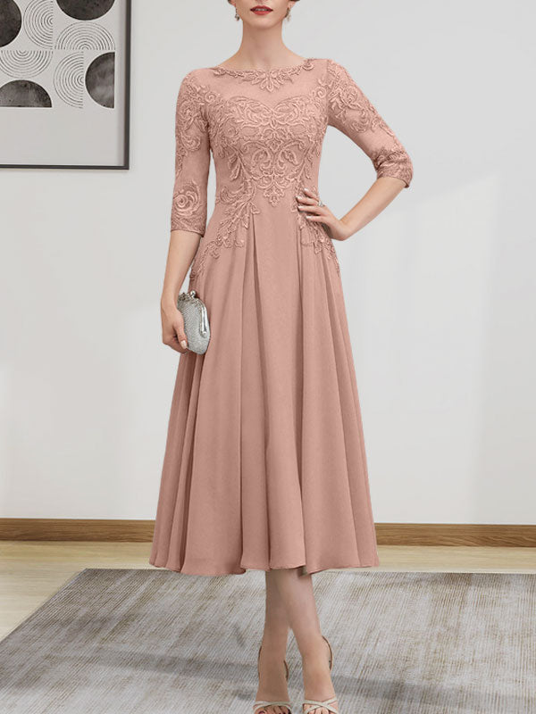 A-Linie, U-Ausschnitt, Illusion, knielang, Chiffon, Spitze, Kleid für die Brautmutter mit Perlen und Pailletten