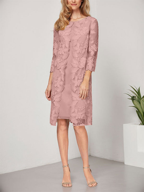 A-Linie U-Ausschnitt Knielang Chiffon Spitze Kleid für die Brautmutter mit Jacke 