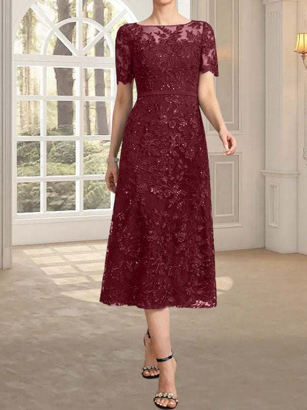 A-Linie, U-Ausschnitt, Illusion, knielang, Spitze, Kleid für die Brautmutter mit Pailletten