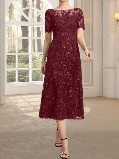 A-Linie, U-Ausschnitt, Illusion, knielang, Spitze, Kleid für die Brautmutter mit Pailletten