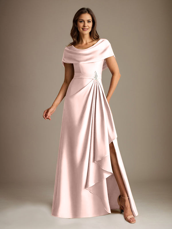Robe de mère de la mariée en satin extensible, longueur au sol, coupe en A avec encolure dégagée et volants en cascade