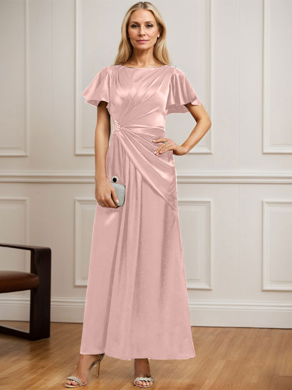 Robe de mère de la mariée en satin extensible, longueur cheville, en ligne A, décolleté arrondi, ornée de perles plissées