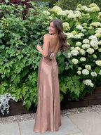 Blue A Line V Neck Beaded Back Tie Long Prom Dress
