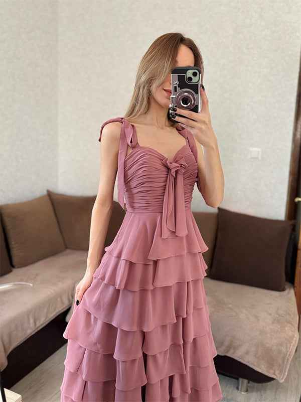 Dusty Rose A Line Sweetheart Chiffon Tiered Long Prom Dress With Slit