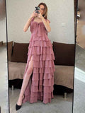 Dusty Rose A Line Sweetheart Chiffon Tiered Long Prom Dress With Slit