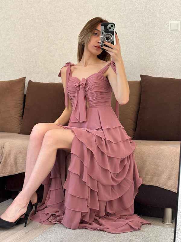 Dusty Rose A Line Sweetheart Chiffon Tiered Long Prom Dress With Slit