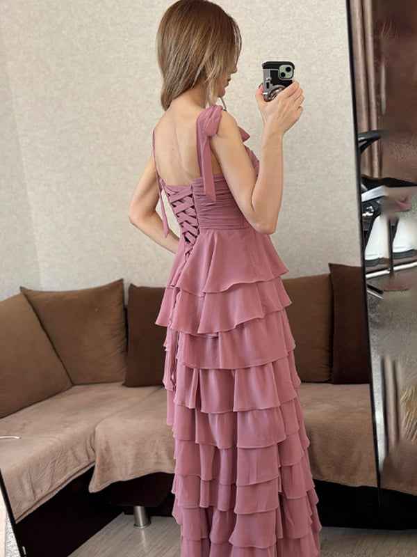 Dusty Rose A Line Sweetheart Chiffon Tiered Long Prom Dress With Slit