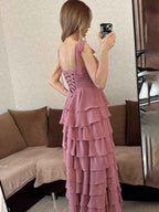 Dusty Rose A Line Sweetheart Chiffon Tiered Long Prom Dress With Slit