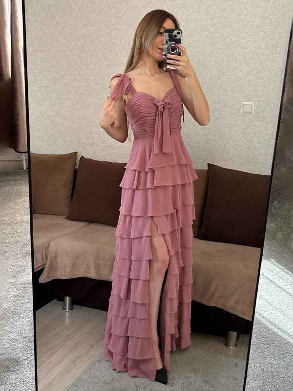 Dusty Rose A Line Sweetheart Chiffon Tiered Long Prom Dress With Slit