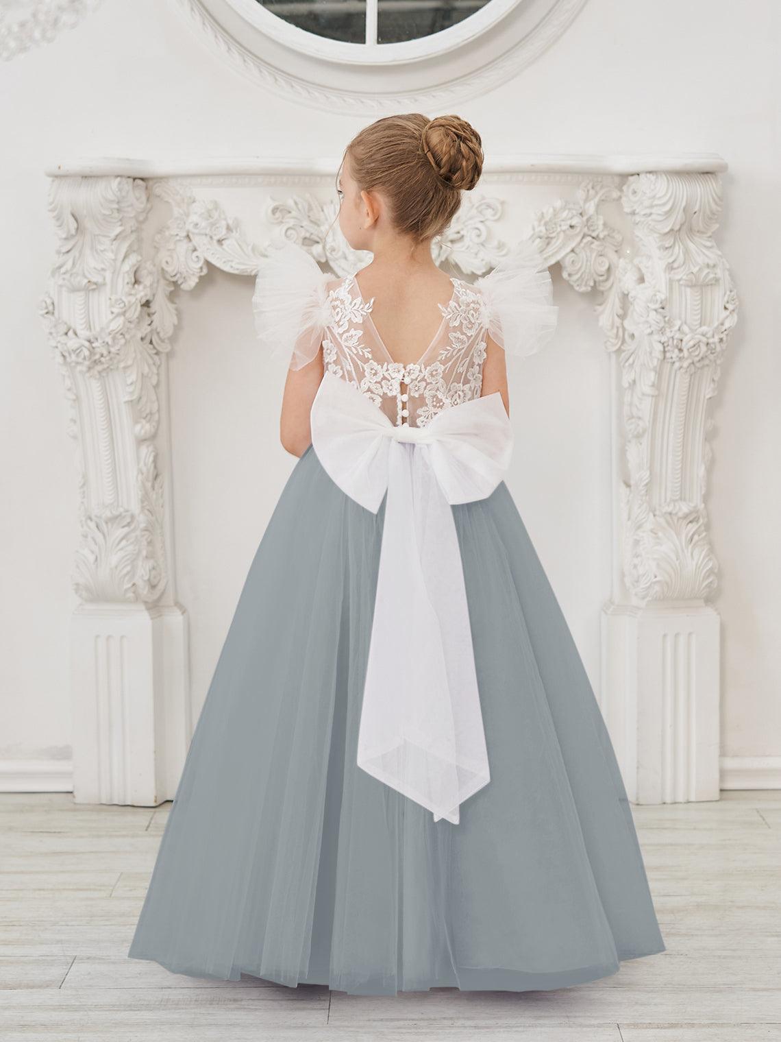 Detachable Lace Tulle Flower Girl Dress With Bow And Sweep Train