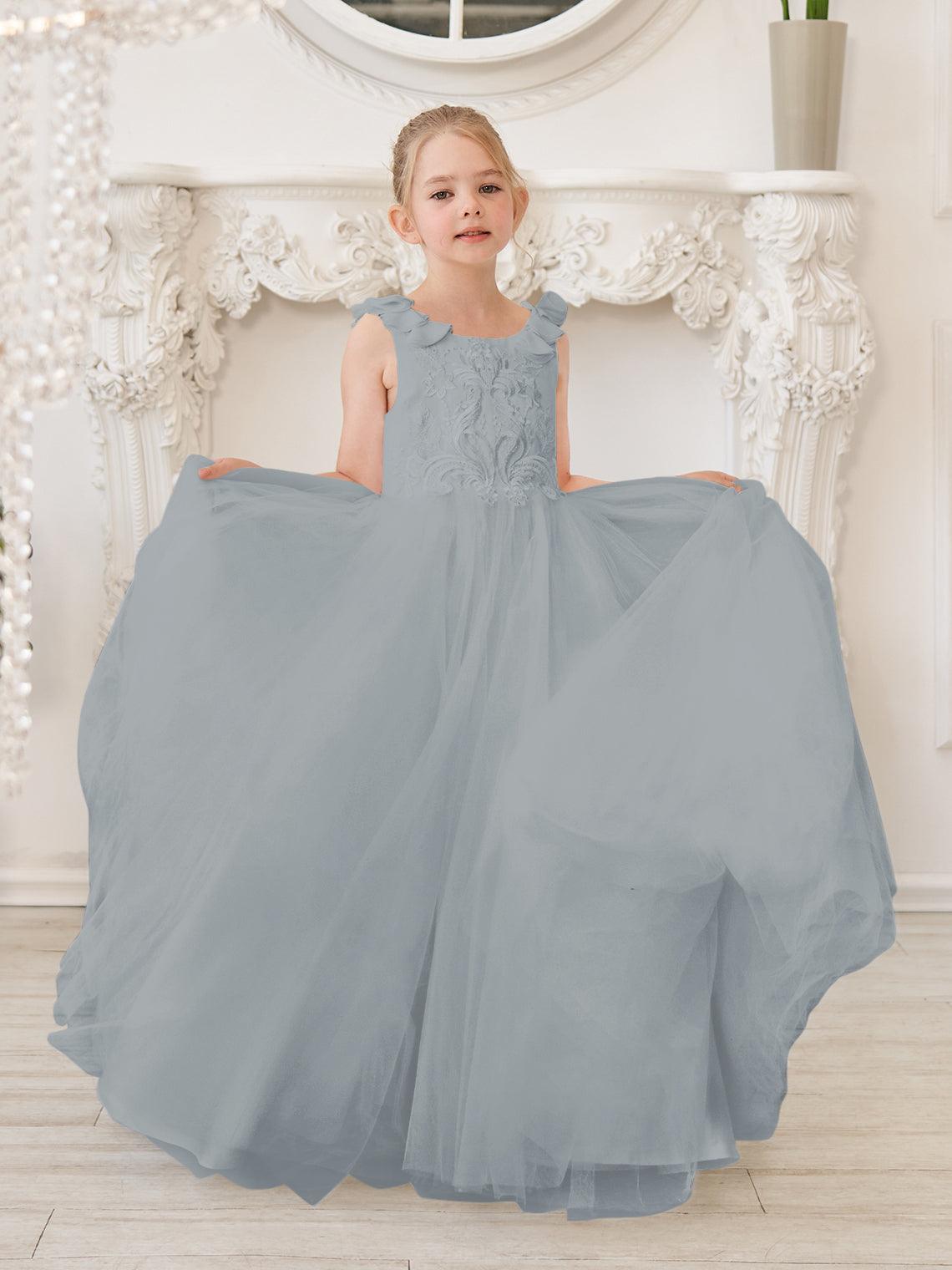 Elegant White Tulle Flower Girl Applique Lace Dress With Sweep Train