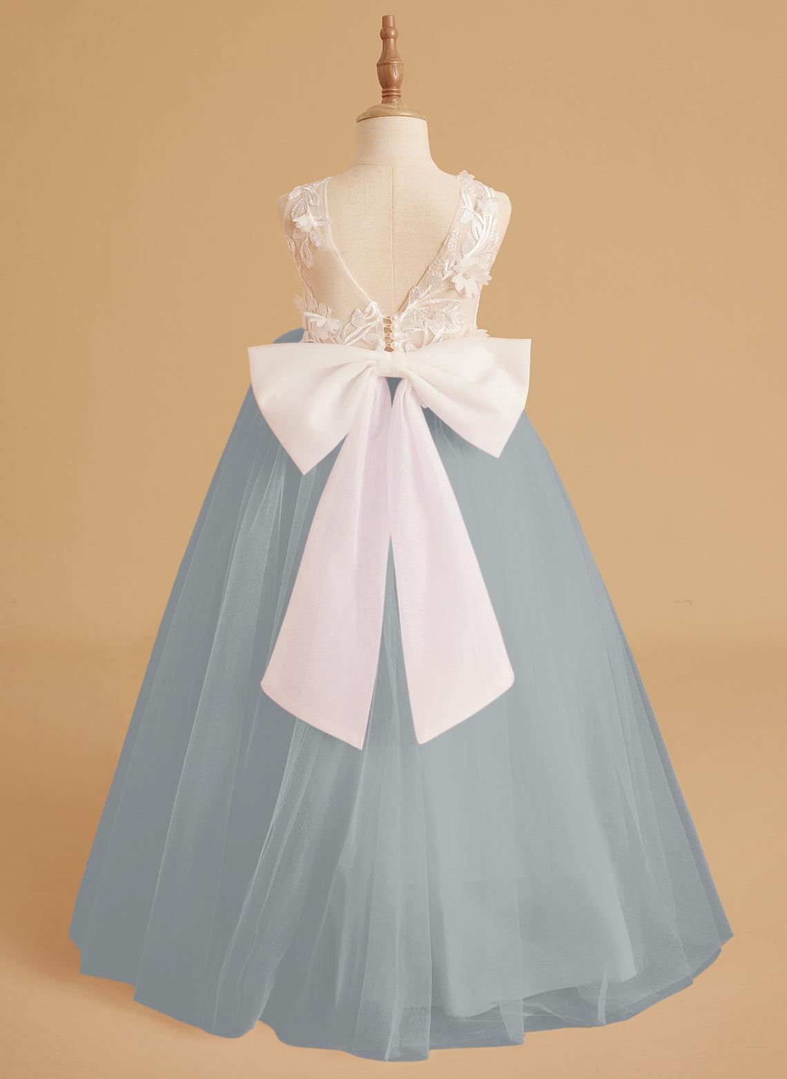 Sleeveless Princess Flower Girl Dress With Detachable Train And Beaded Lace