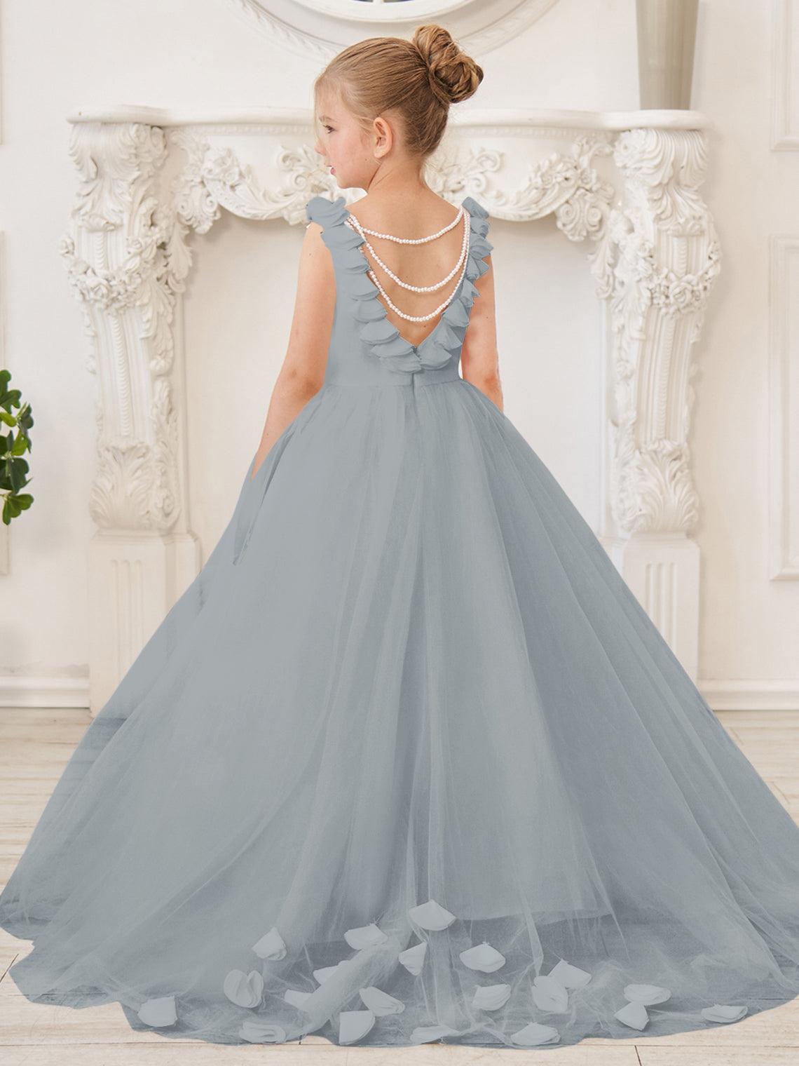 Elegant White Tulle Flower Girl Applique Lace Dress With Sweep Train