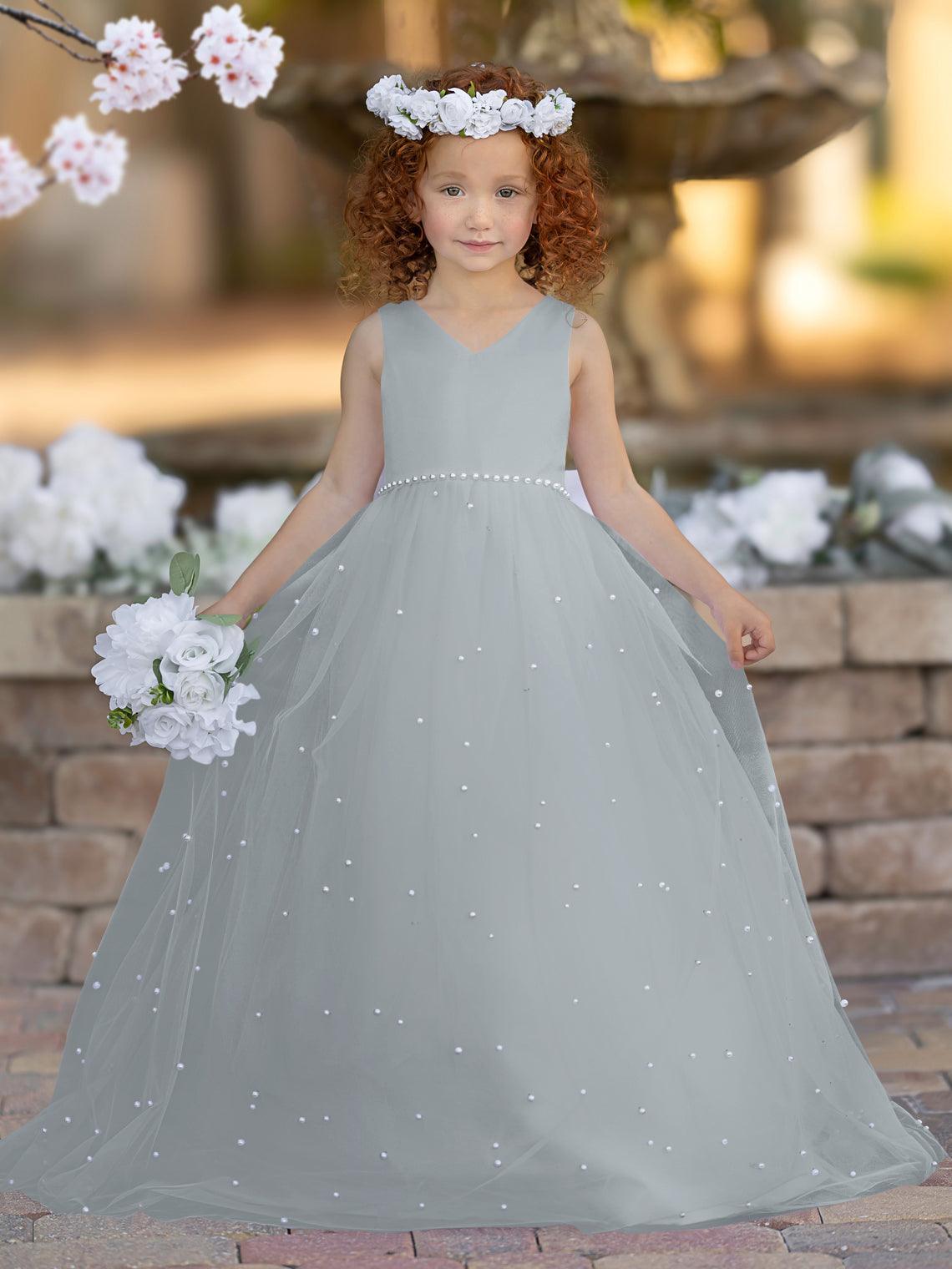 Floor Length V Neck Satin Tulle Princess Flower Girl Dress