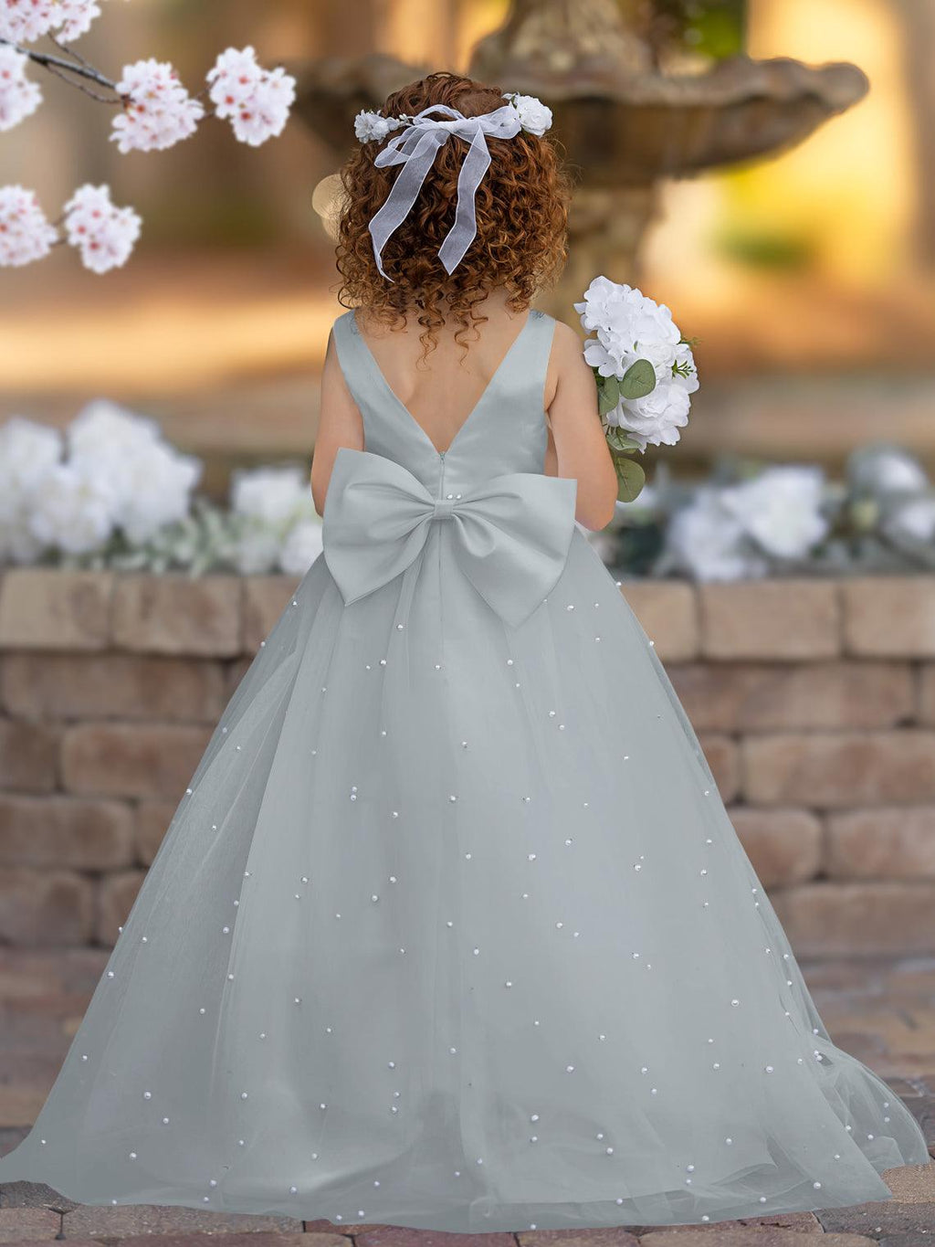Floor Length V Neck Satin Tulle Princess Flower Girl Dress
