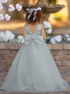 Floor Length V Neck Satin Tulle Princess Flower Girl Dress