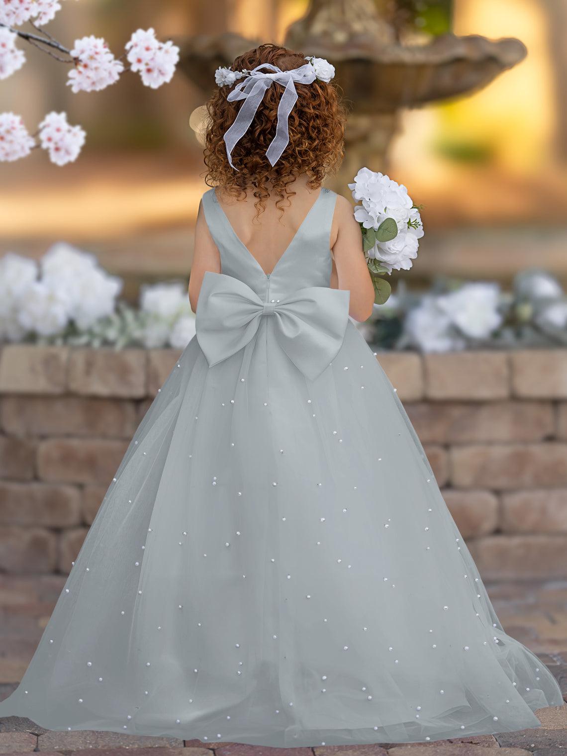 Floor Length V Neck Satin Tulle Princess Flower Girl Dress