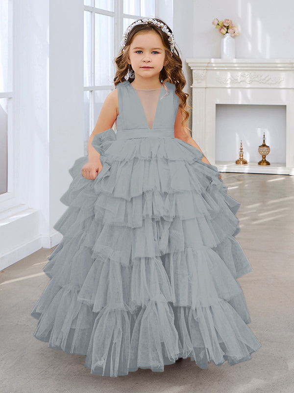Ball-Gown/Princess Pearl Pink Sleeveless Tulle Bow Flower Girl Dress