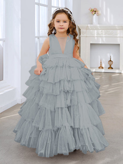 Ball-Gown/Princess Pearl Pink Sleeveless Tulle Bow Flower Girl Dress