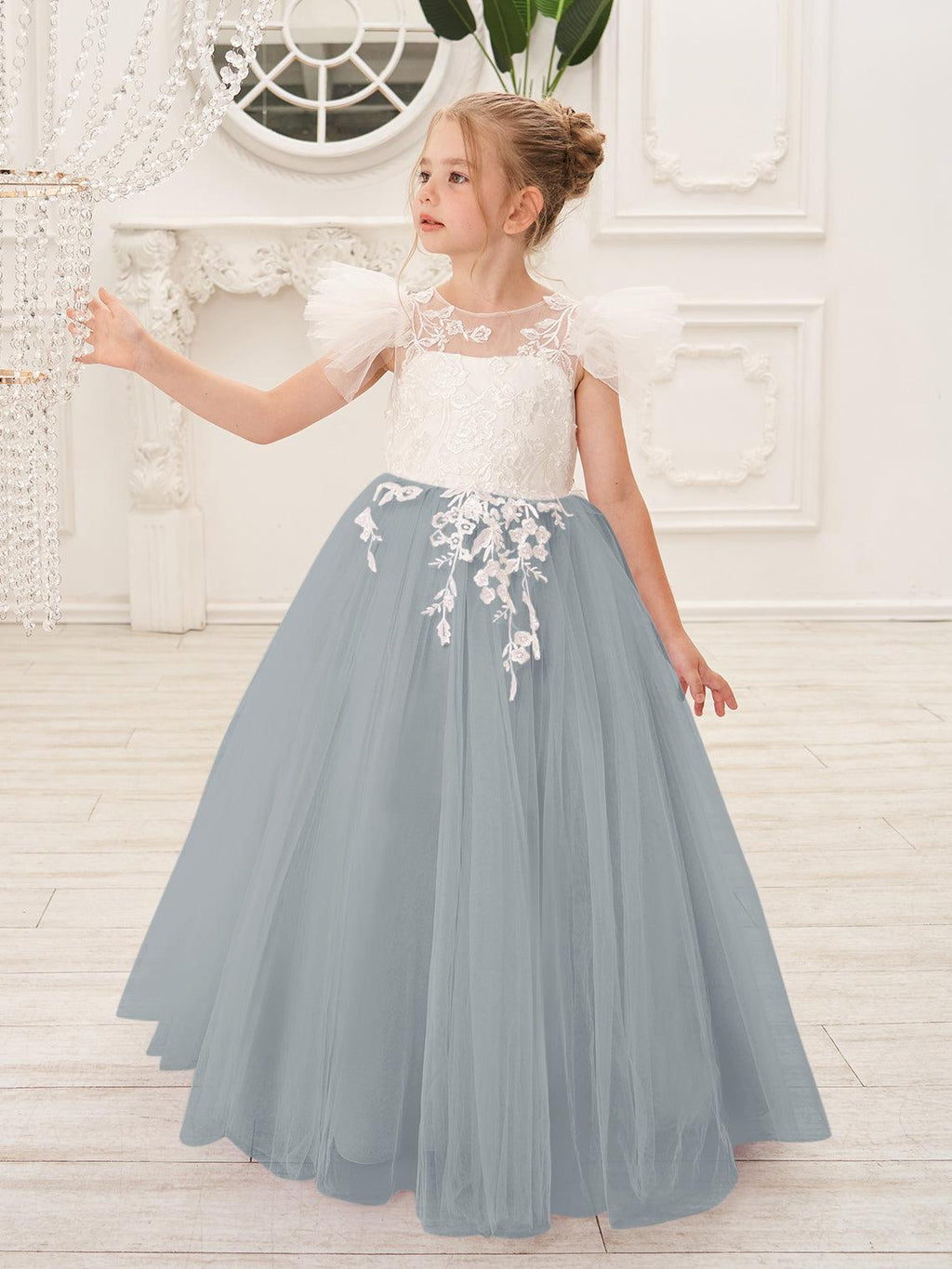 Detachable Lace Tulle Flower Girl Dress With Bow And Sweep Train