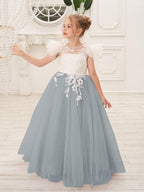 Detachable Lace Tulle Flower Girl Dress With Bow And Sweep Train
