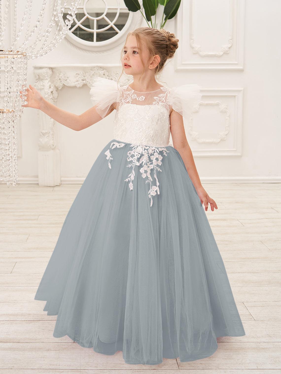 Detachable Lace Tulle Flower Girl Dress With Bow And Sweep Train