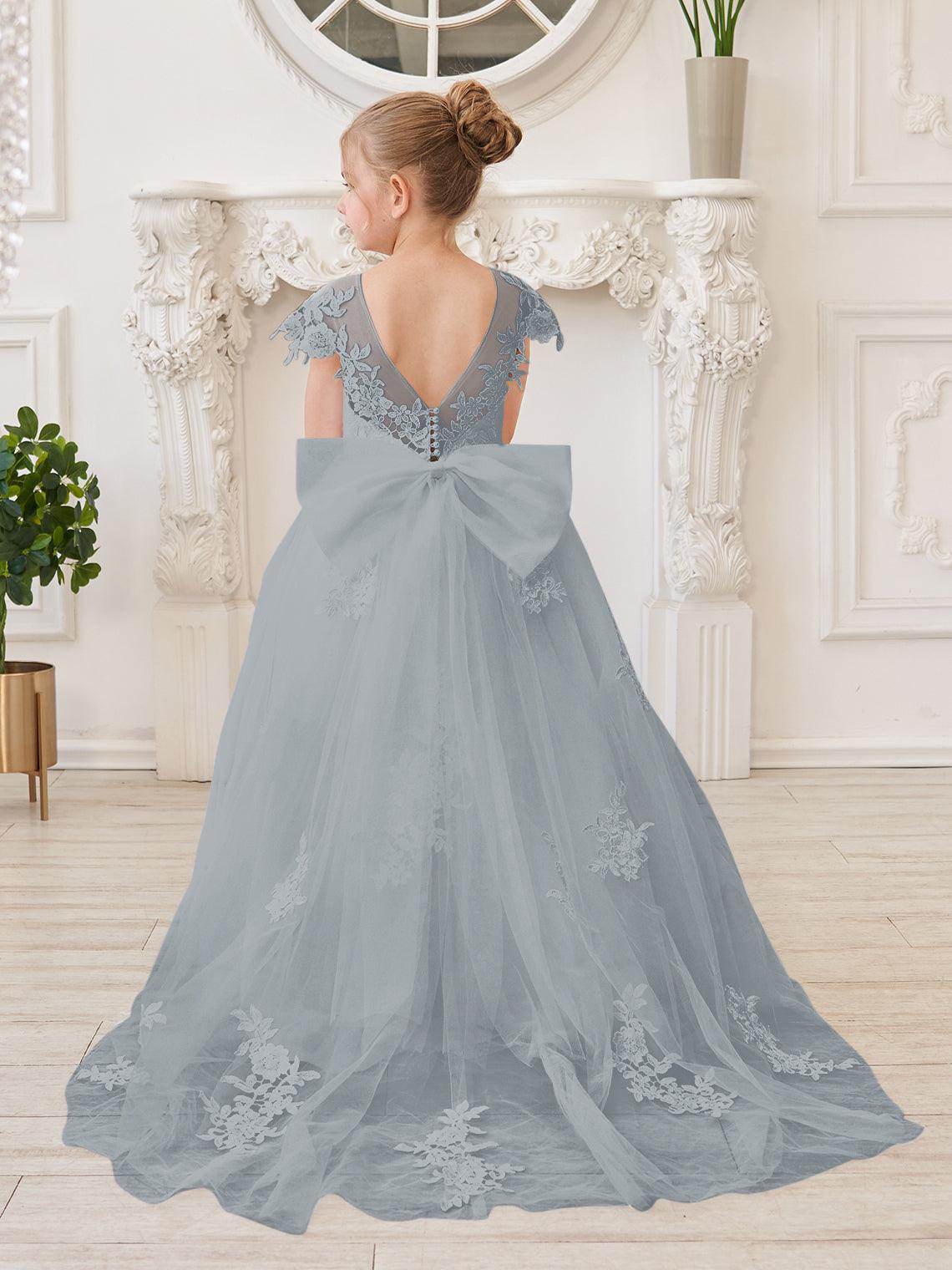 Ivory Lace Tulle First Communion Flower Girl Dress With Detachable Train