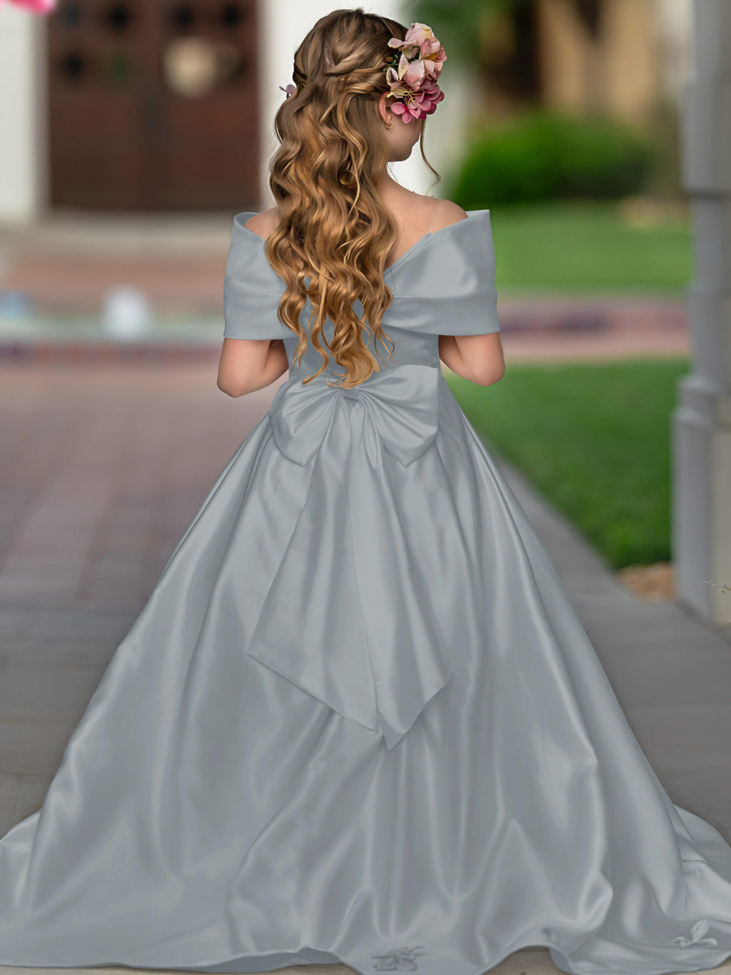 Ivory Satin Flower Girl Princess Ball Gown With Sweep Train And Bow Trim